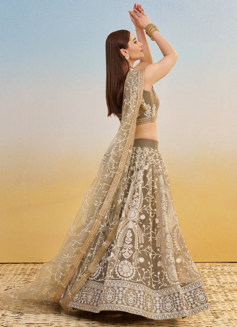 Charismatic Dusty Grey Net Designer Embroidered Lehenga Choli Set