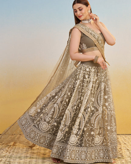 Charismatic Dusty Grey Net Designer Embroidered Lehenga Choli Set