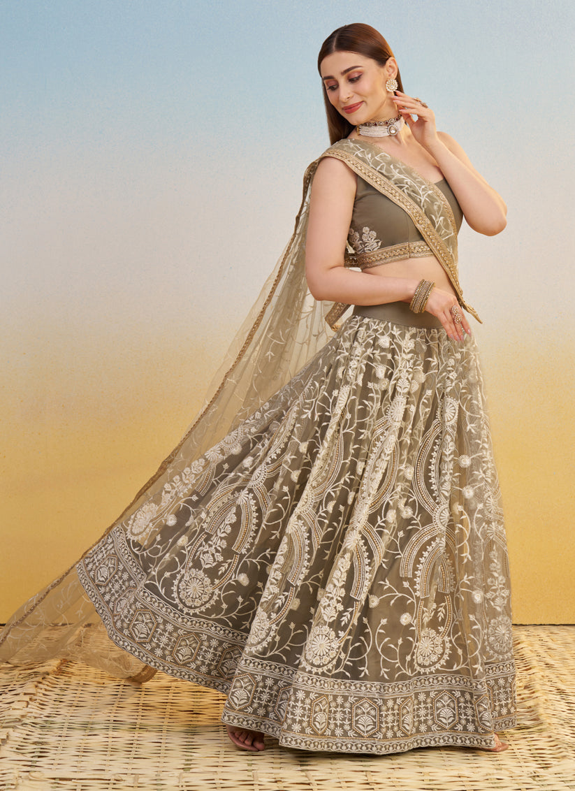 Charismatic Dusty Grey Net Designer Embroidered Lehenga Choli Set