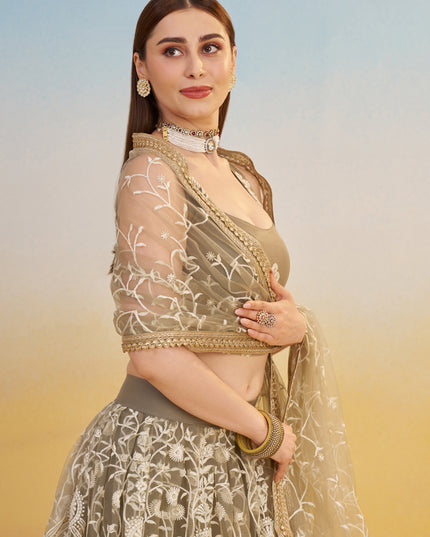 Charismatic Dusty Grey Net Designer Embroidered Lehenga Choli Set