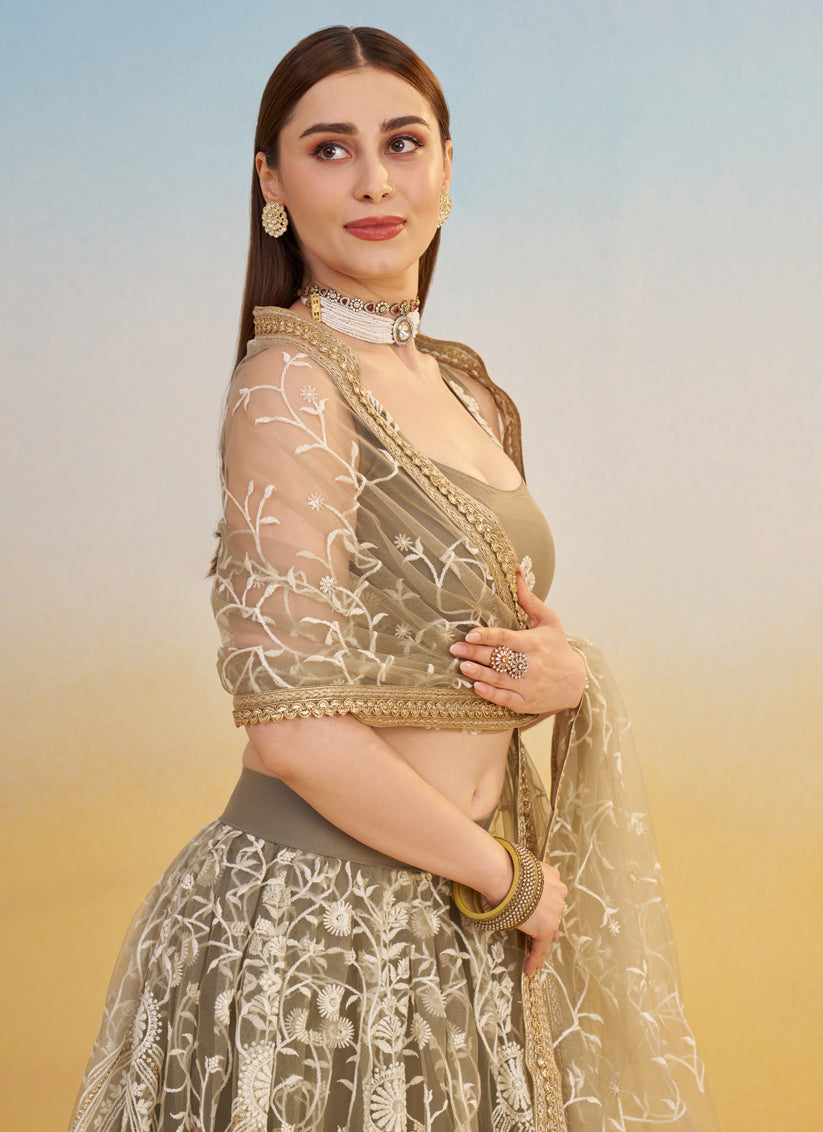 Charismatic Dusty Grey Net Designer Embroidered Lehenga Choli Set
