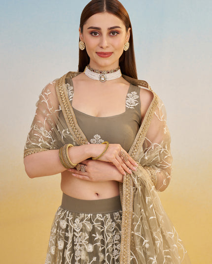 Charismatic Dusty Grey Net Designer Embroidered Lehenga Choli Set