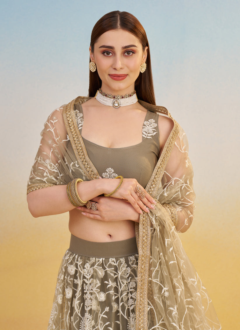 Charismatic Dusty Grey Net Designer Embroidered Lehenga Choli Set