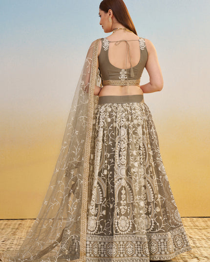 Charismatic Dusty Grey Net Designer Embroidered Lehenga Choli Set