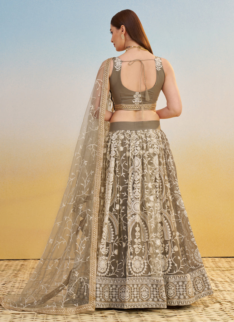 Charismatic Dusty Grey Net Designer Embroidered Lehenga Choli Set