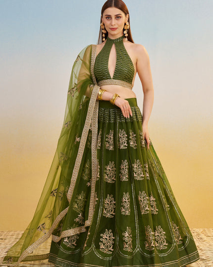 Fabulous Olive Green Net Designer Embroidered Lehenga Choli Set