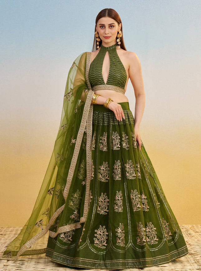 Fabulous Olive Green Net Designer Embroidered Lehenga Choli Set