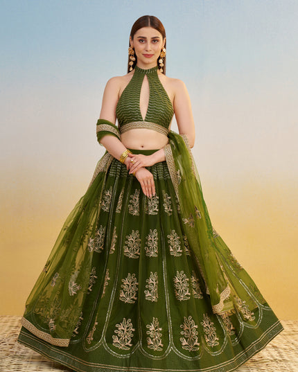 Fabulous Olive Green Net Designer Embroidered Lehenga Choli Set