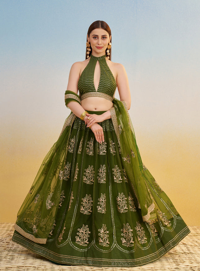 Fabulous Olive Green Net Designer Embroidered Lehenga Choli Set