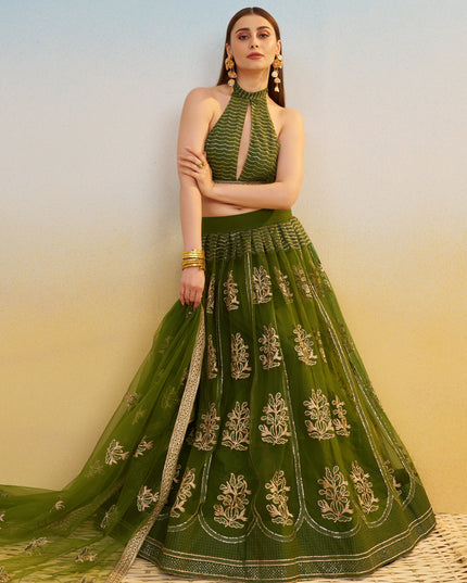Fabulous Olive Green Net Designer Embroidered Lehenga Choli Set