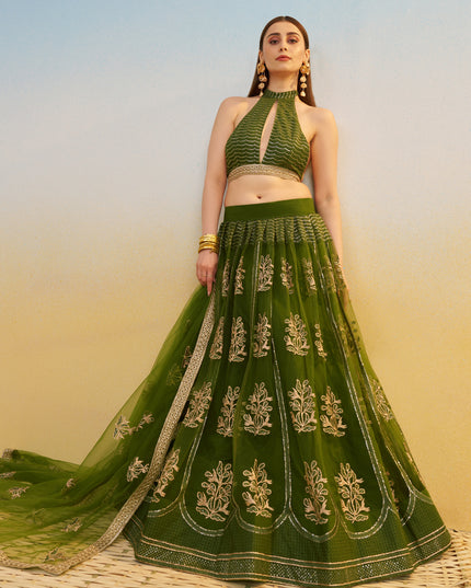 Fabulous Olive Green Net Designer Embroidered Lehenga Choli Set