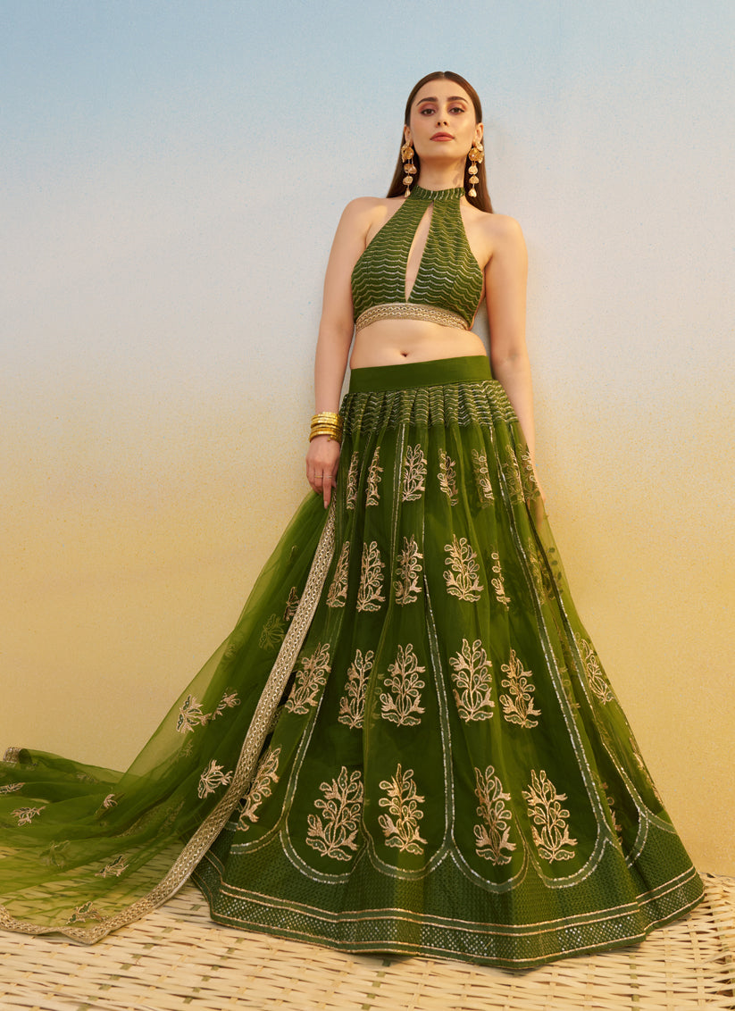 Fabulous Olive Green Net Designer Embroidered Lehenga Choli Set