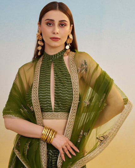 Fabulous Olive Green Net Designer Embroidered Lehenga Choli Set