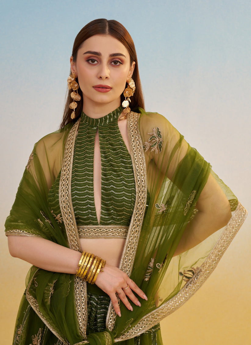 Fabulous Olive Green Net Designer Embroidered Lehenga Choli Set