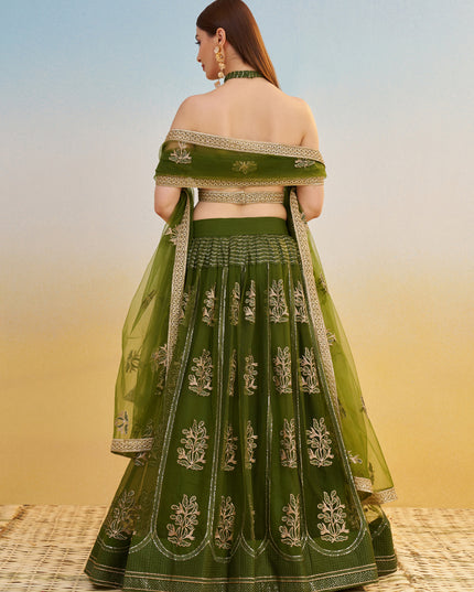 Fabulous Olive Green Net Designer Embroidered Lehenga Choli Set
