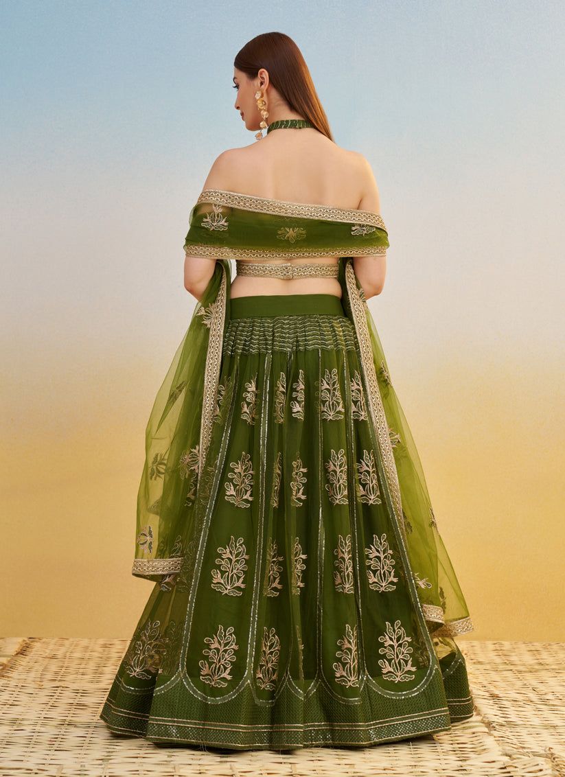 Fabulous Olive Green Net Designer Embroidered Lehenga Choli Set