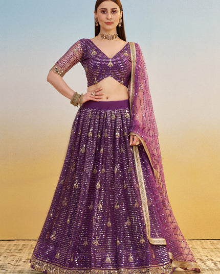 Outstanding Wine Net Designer Embroidered Lehenga Choli Set