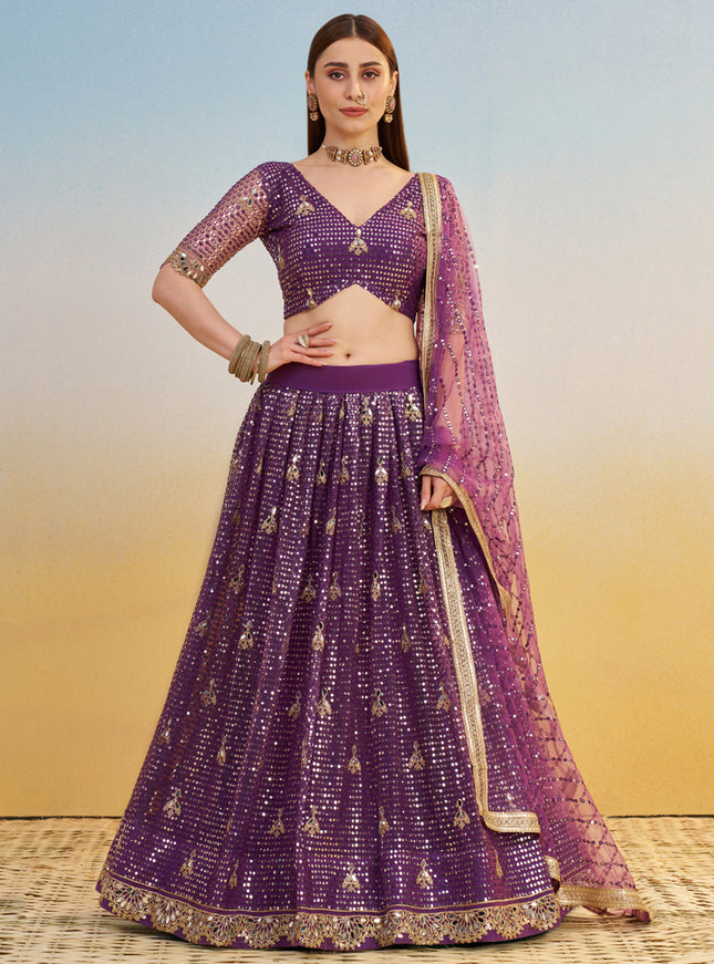 Outstanding Wine Net Designer Embroidered Lehenga Choli Set