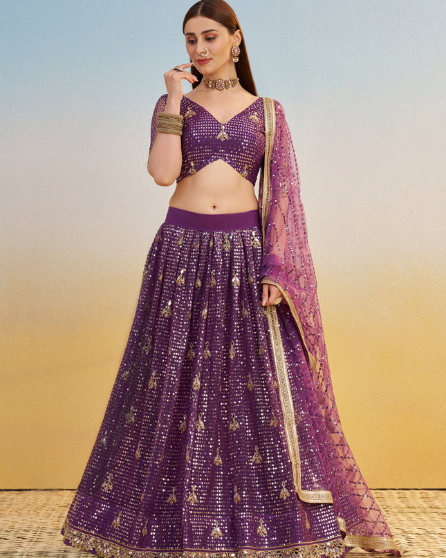 Outstanding Wine Net Designer Embroidered Lehenga Choli Set