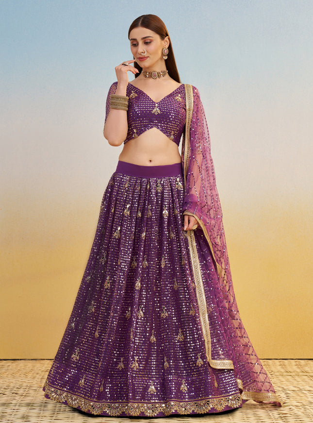 Outstanding Wine Net Designer Embroidered Lehenga Choli Set