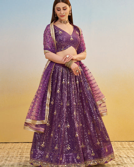 Outstanding Wine Net Designer Embroidered Lehenga Choli Set