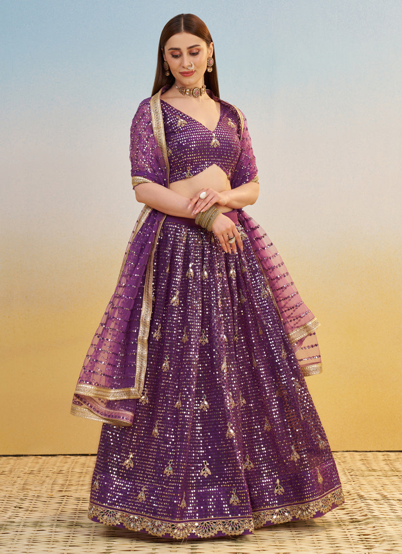 Outstanding Wine Net Designer Embroidered Lehenga Choli Set