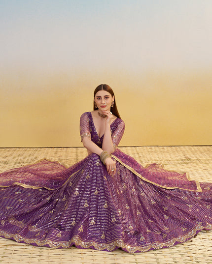 Outstanding Wine Net Designer Embroidered Lehenga Choli Set