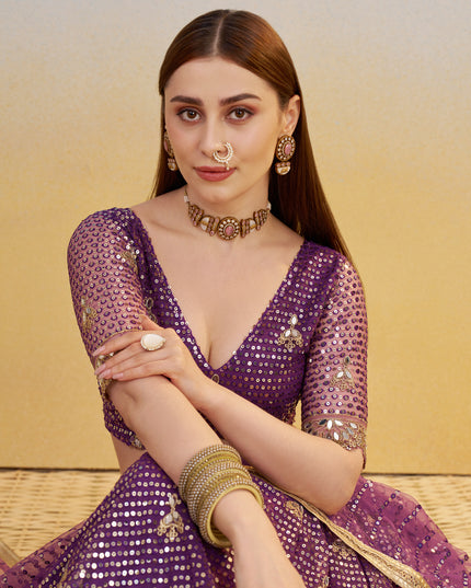 Outstanding Wine Net Designer Embroidered Lehenga Choli Set