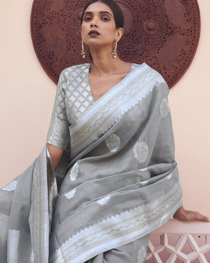 Grey Pure Linen Woven Saree