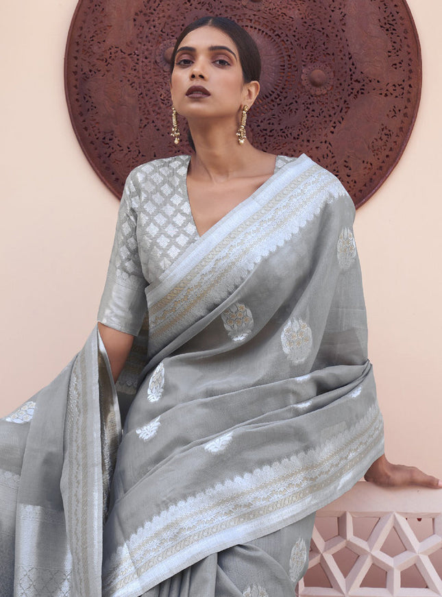 Grey Pure Linen Woven Saree