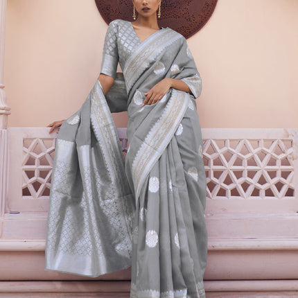 Grey Pure Linen Woven Saree
