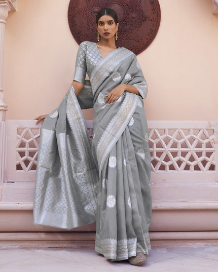 Grey Pure Linen Woven Saree