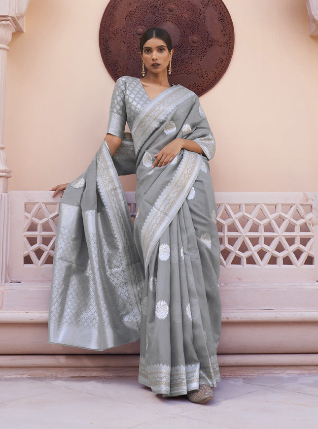 Grey Pure Linen Woven Saree