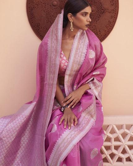Pink Pure Linen Woven Saree