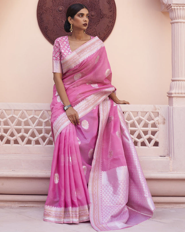 Pink Pure Linen Woven Saree