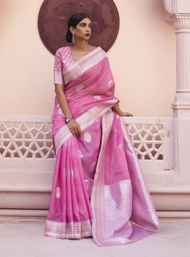 Pink Pure Linen Woven Saree