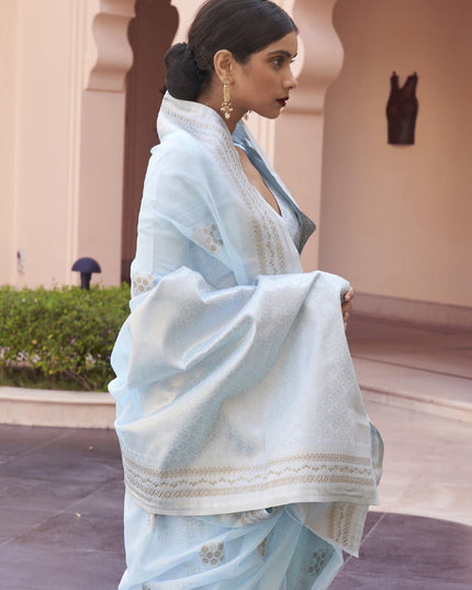 Sky Blue Pure Linen Woven Saree