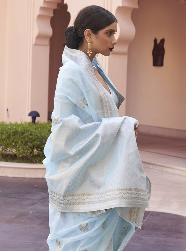 Sky Blue Pure Linen Woven Saree