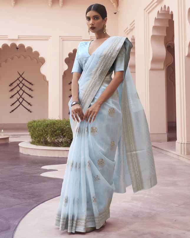 Sky Blue Pure Linen Woven Saree