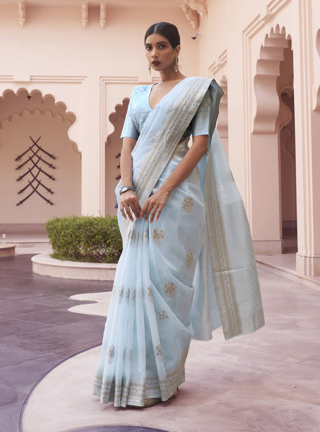Sky Blue Pure Linen Woven Saree