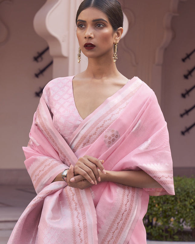 Pink Pure Linen Woven Saree