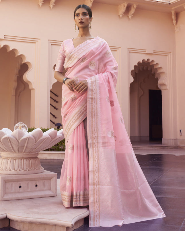 Pink Pure Linen Woven Saree