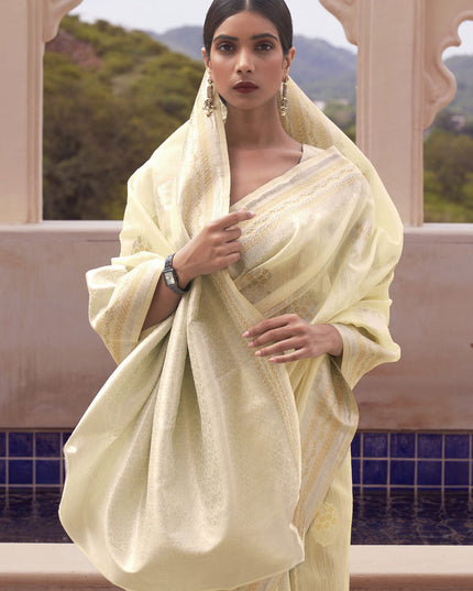 Cream Pure Linen Woven Saree