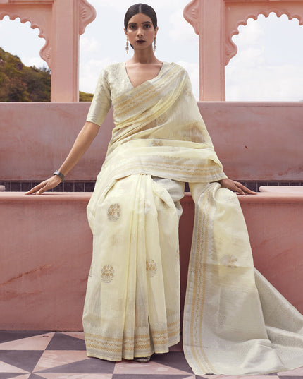 Cream Pure Linen Woven Saree
