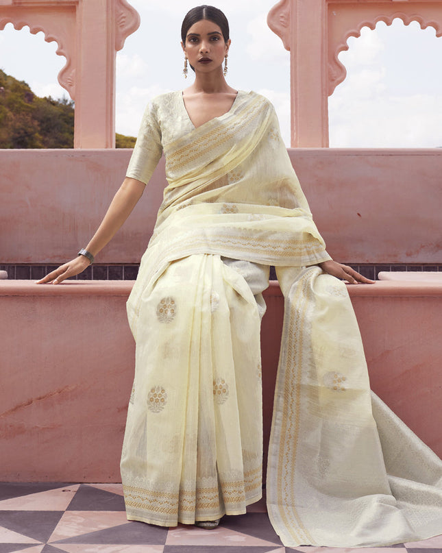 Cream Pure Linen Woven Saree