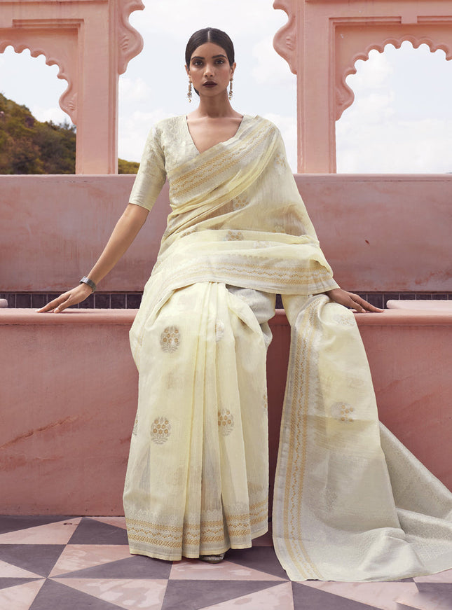 Cream Pure Linen Woven Saree