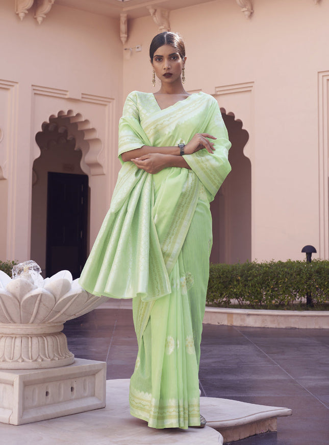 Pista Green Pure Linen Woven Saree