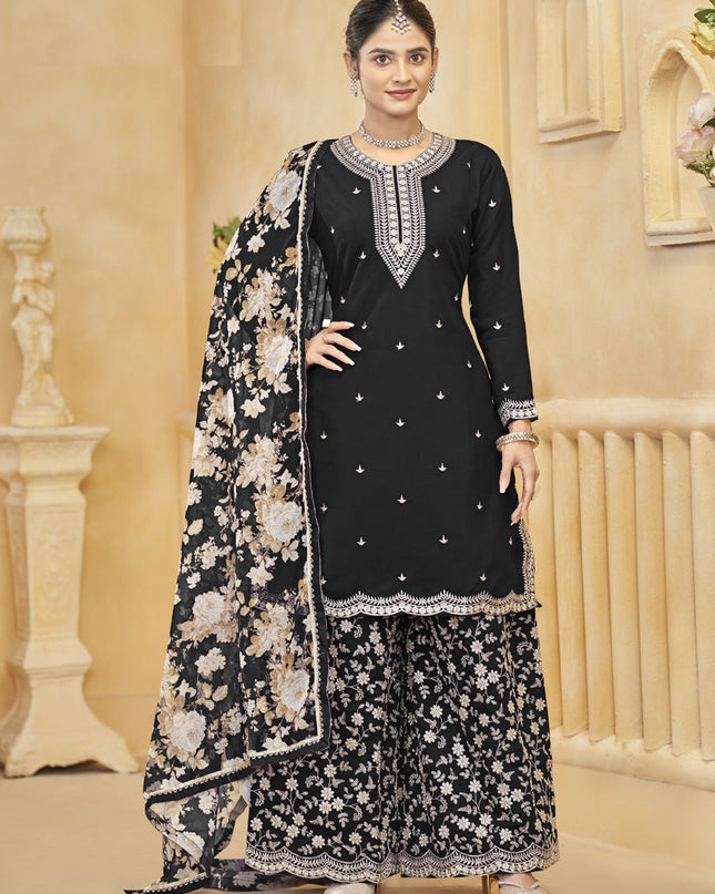 black roman silk embroidered readymade palazzo suit