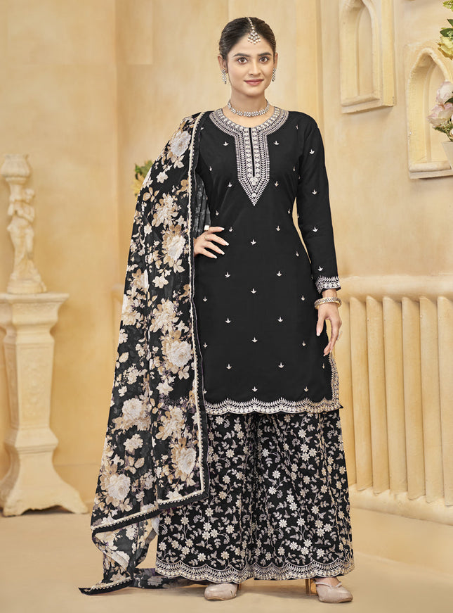 black roman silk embroidered readymade palazzo suit