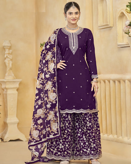 purple roman silk embroidered readymade palazzo suit